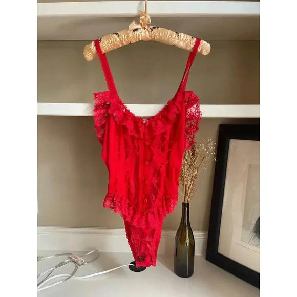 Vintage Delicates Red Lingerie Ruffle Bodysuit - Picture 1 of 4